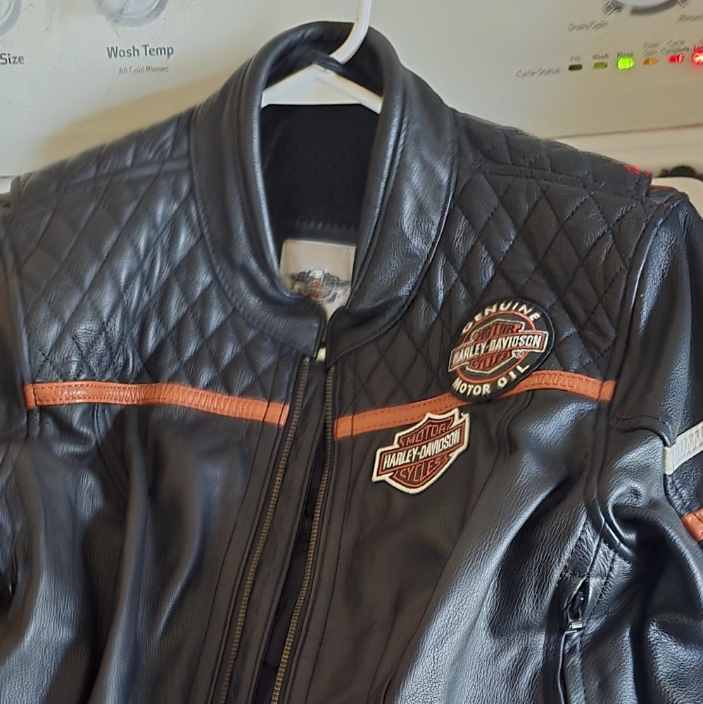 Harley-Davidson Black Leather Jacket with Orange Accents. Like New